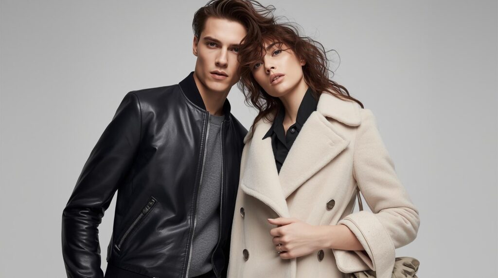couple fashion models wearing jacket and coat