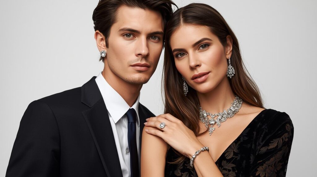 couple models wearing silver jewels