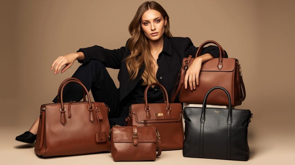 fashion model carrying leather bags